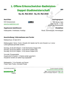 Ausschreibung 1. Offene Erkenschwicker-Badminton-Doppel-Stadtmeisterschaft