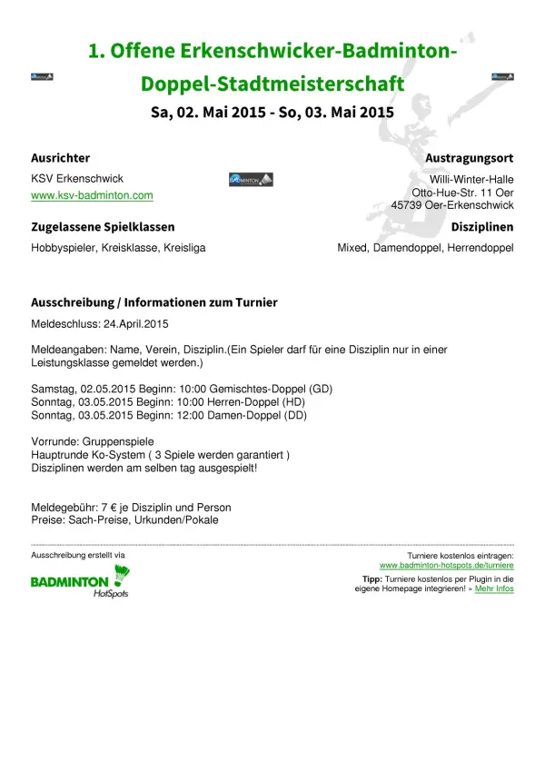Ausschreibung 1. Offene Erkenschwicker-Badminton-Doppel-Stadtmeisterschaft