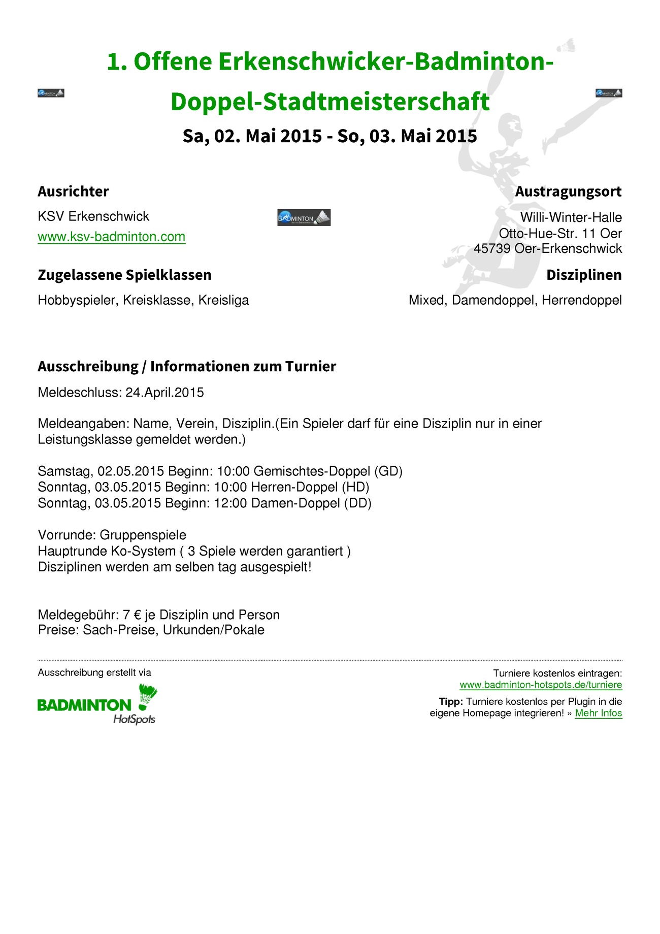 Ausschreibung 1. Offene Erkenschwicker-Badminton-Doppel-Stadtmeisterschaft
