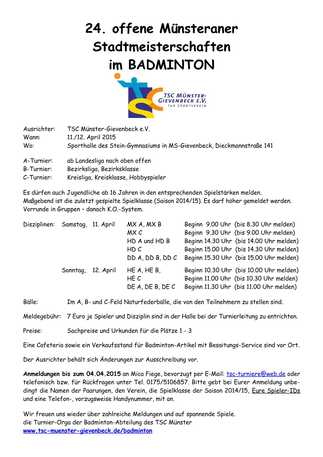 Ausschreibung 24. offenen Münsteraner Stadtmeisterschaften