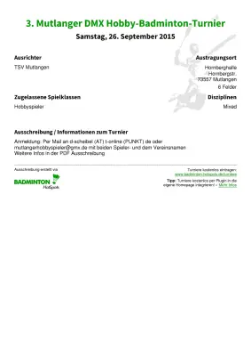 Ausschreibung 3. Mutlanger DMX Hobby-Badminton-Turnier