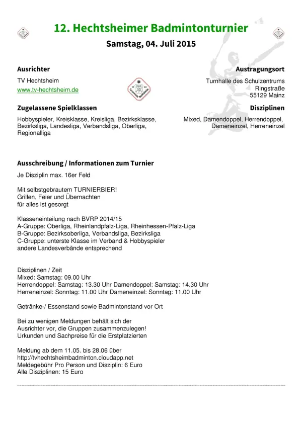 Ausschreibung 12. Hechtsheimer Badmintonturnier