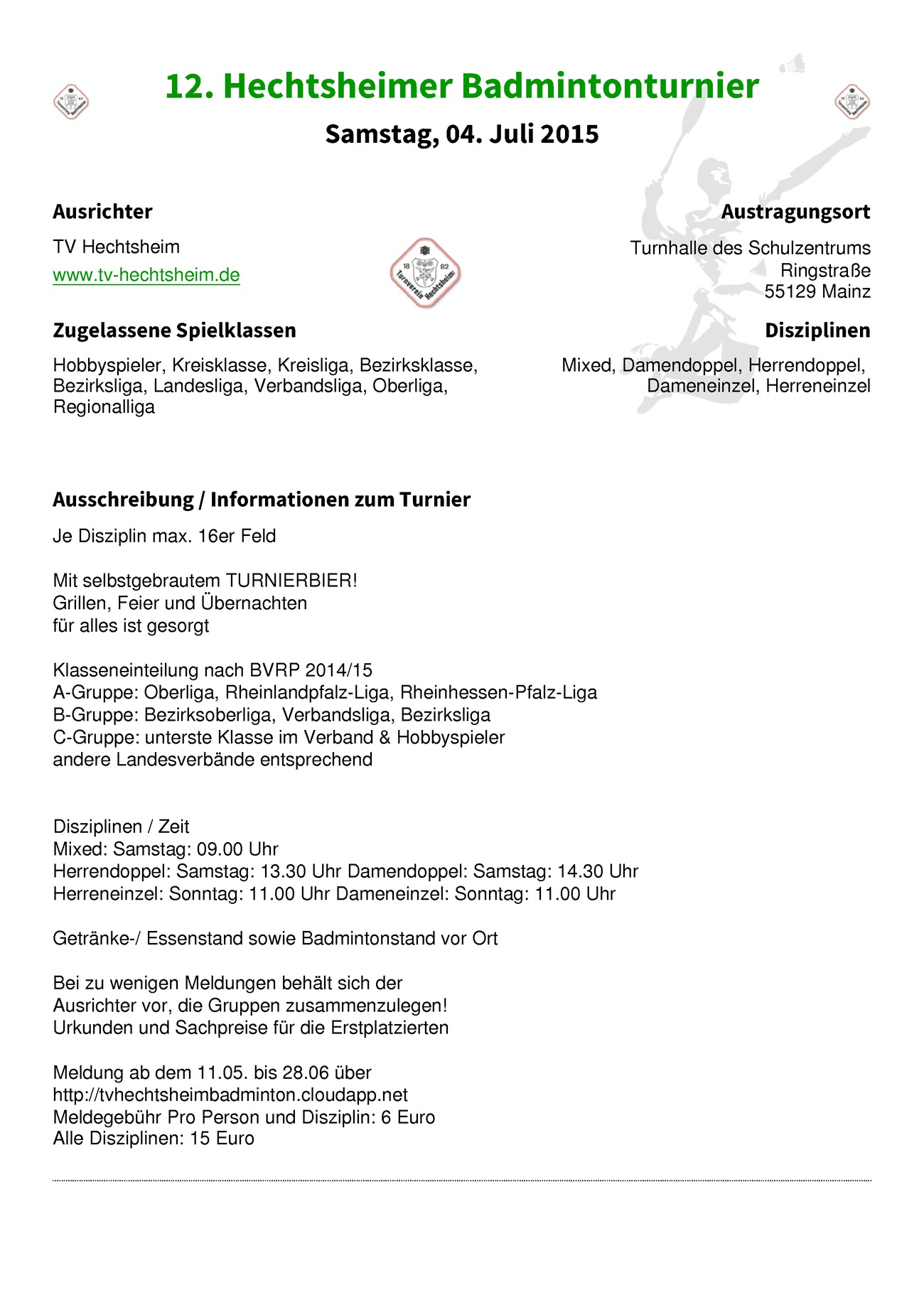 Ausschreibung 12. Hechtsheimer Badmintonturnier