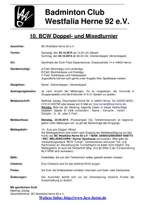 Ausschreibung 10. BCW Doppel- und Mixedturnier