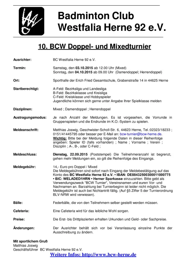 Ausschreibung 10. BCW Doppel- und Mixedturnier
