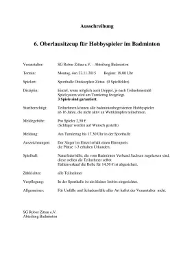 Ausschreibung 6. Oberlausitzcup für Hobbyspieler