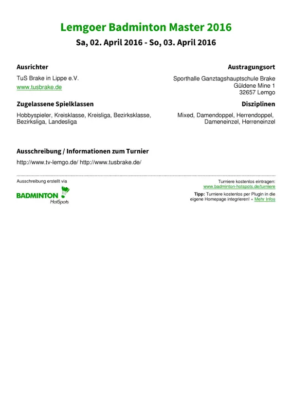 Ausschreibung Lemgoer Badminton Master 2016