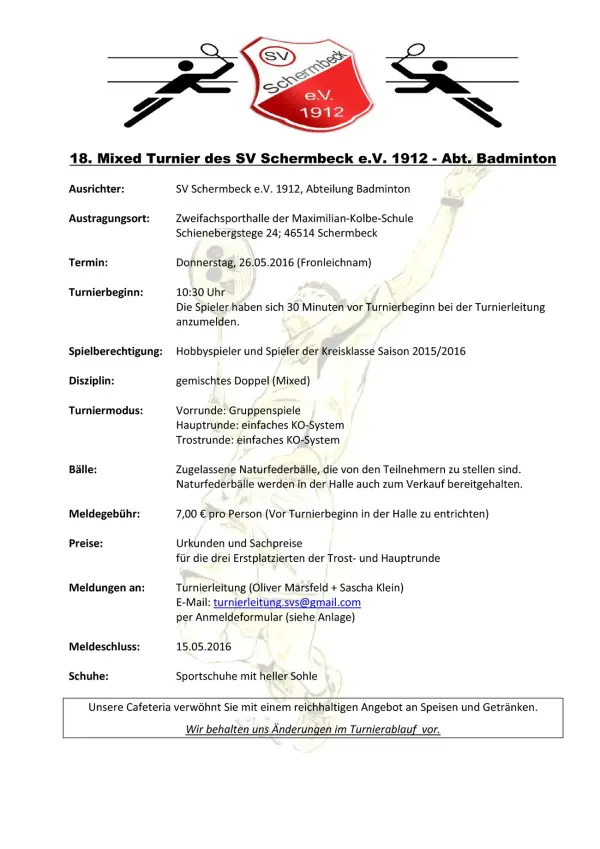 Ausschreibung 18. Mixed-Turnier des SV Schermbeck e.V.