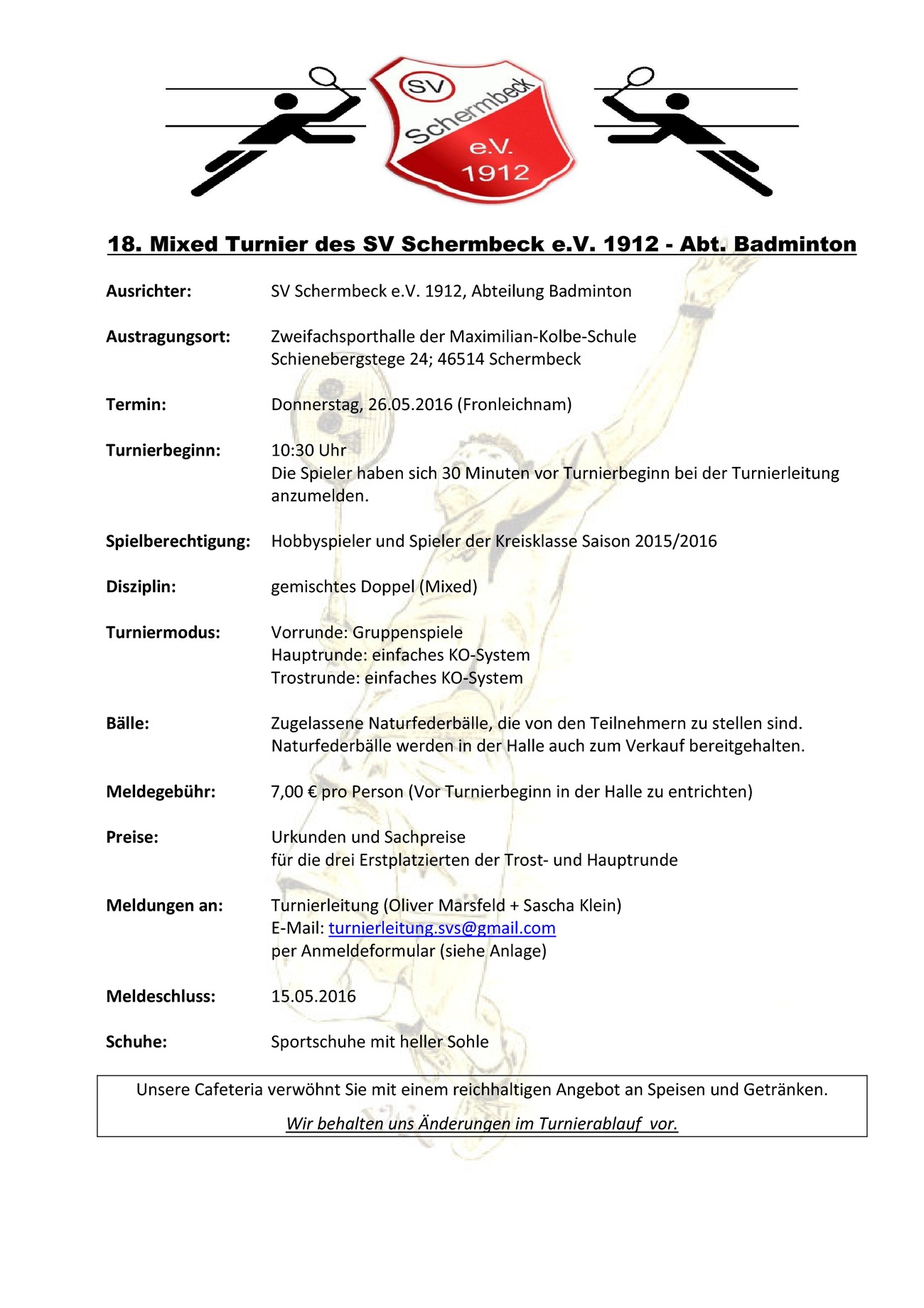 Ausschreibung 18. Mixed-Turnier des SV Schermbeck e.V.