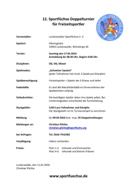 Ausschreibung 12. Sportfüchse Doppelturnier