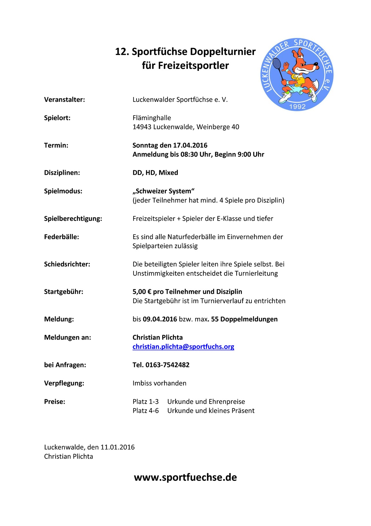 Ausschreibung 12. Sportfüchse Doppelturnier