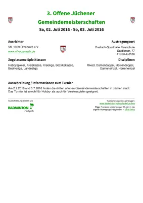 Ausschreibung 3. Offene Jüchener Gemeindemeisterschaften