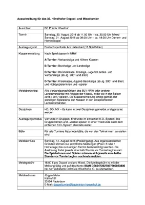 Ausschreibung 32. Hövelhofer Doppel- und Mixedturnier 2016