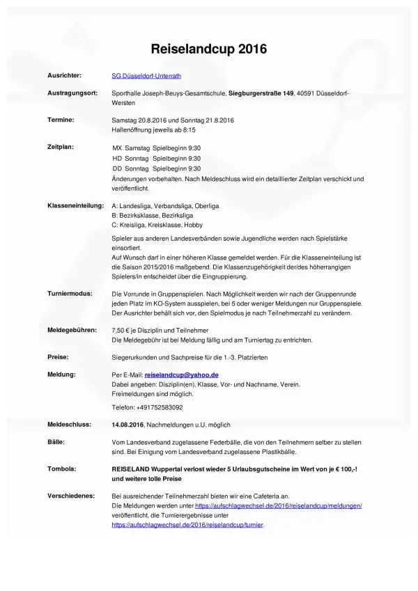 Ausschreibung Reiselandcup 2016