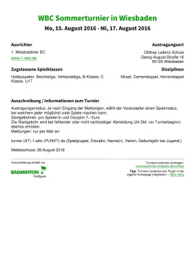 Ausschreibung WBC Sommerturnier in Wiesbaden