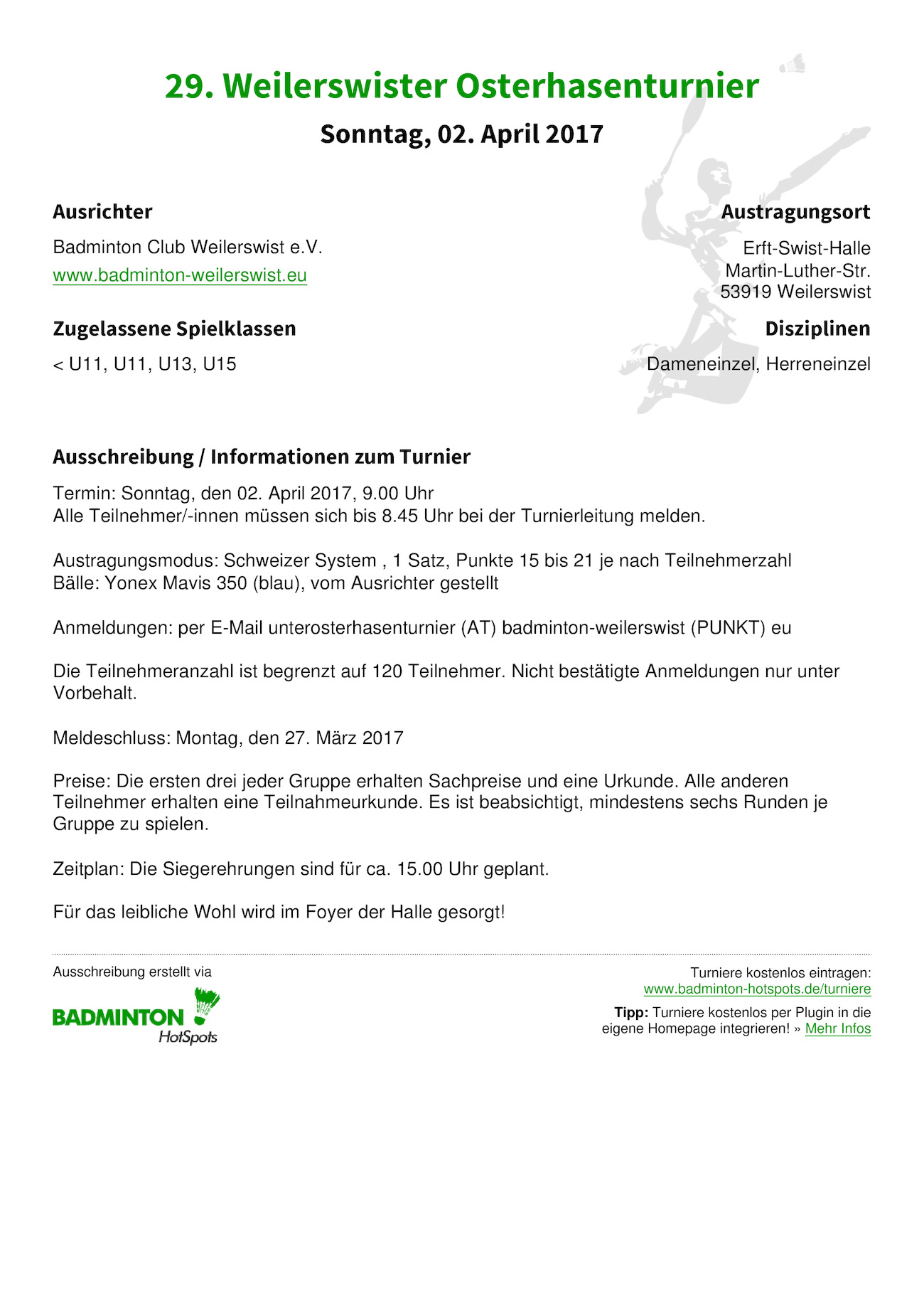 Ausschreibung 29. Weilerswister Osterhasenturnier