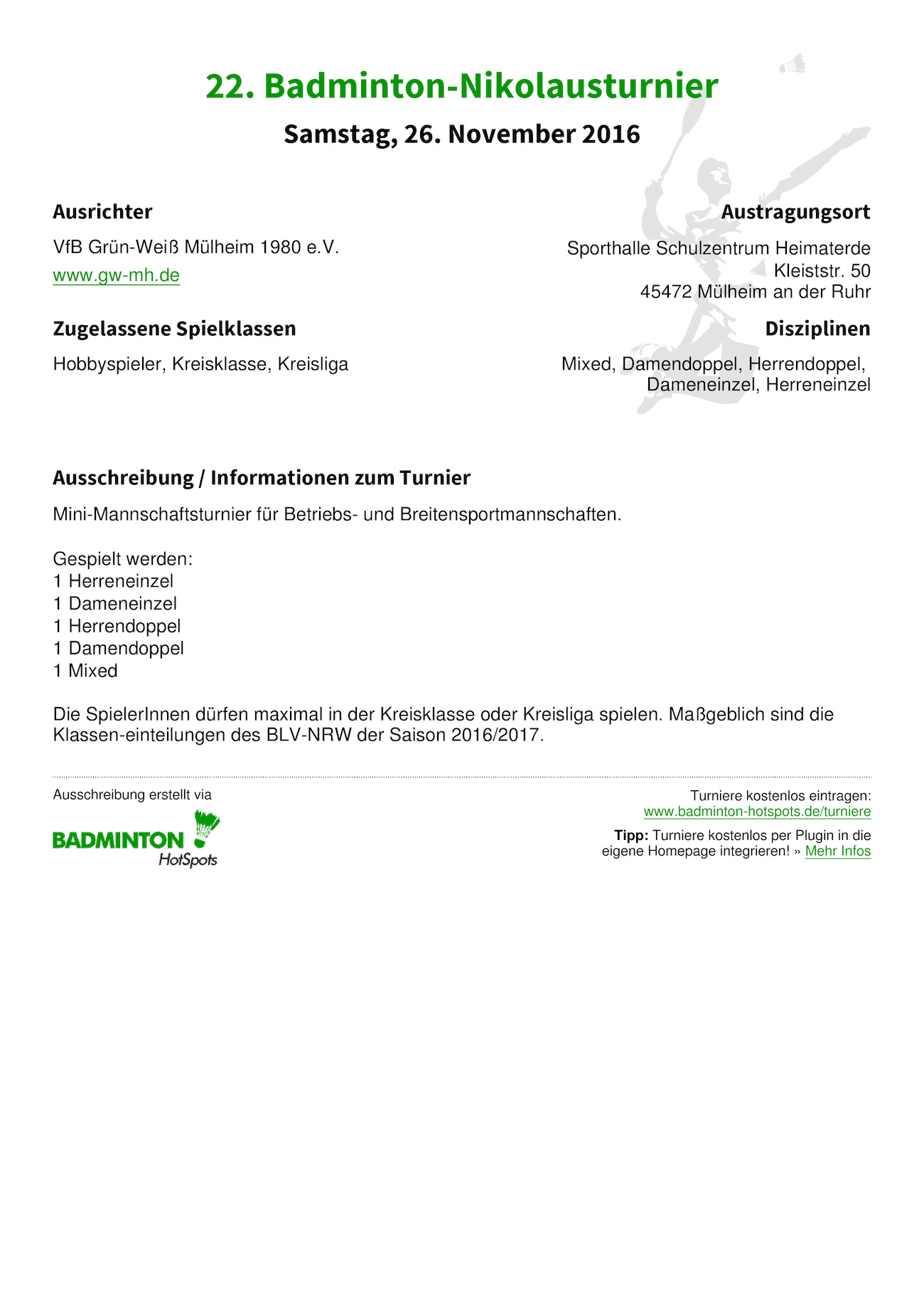 Ausschreibung 22. Badminton-Nikolausturnier