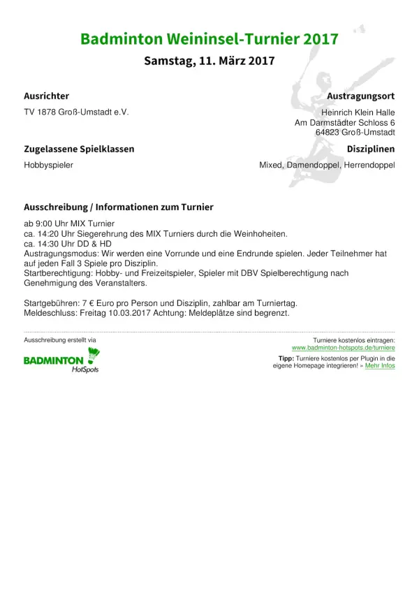 Ausschreibung Badminton Weininsel-Turnier 2017