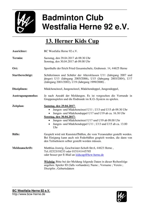 Ausschreibung 13. Herner Kids Cup