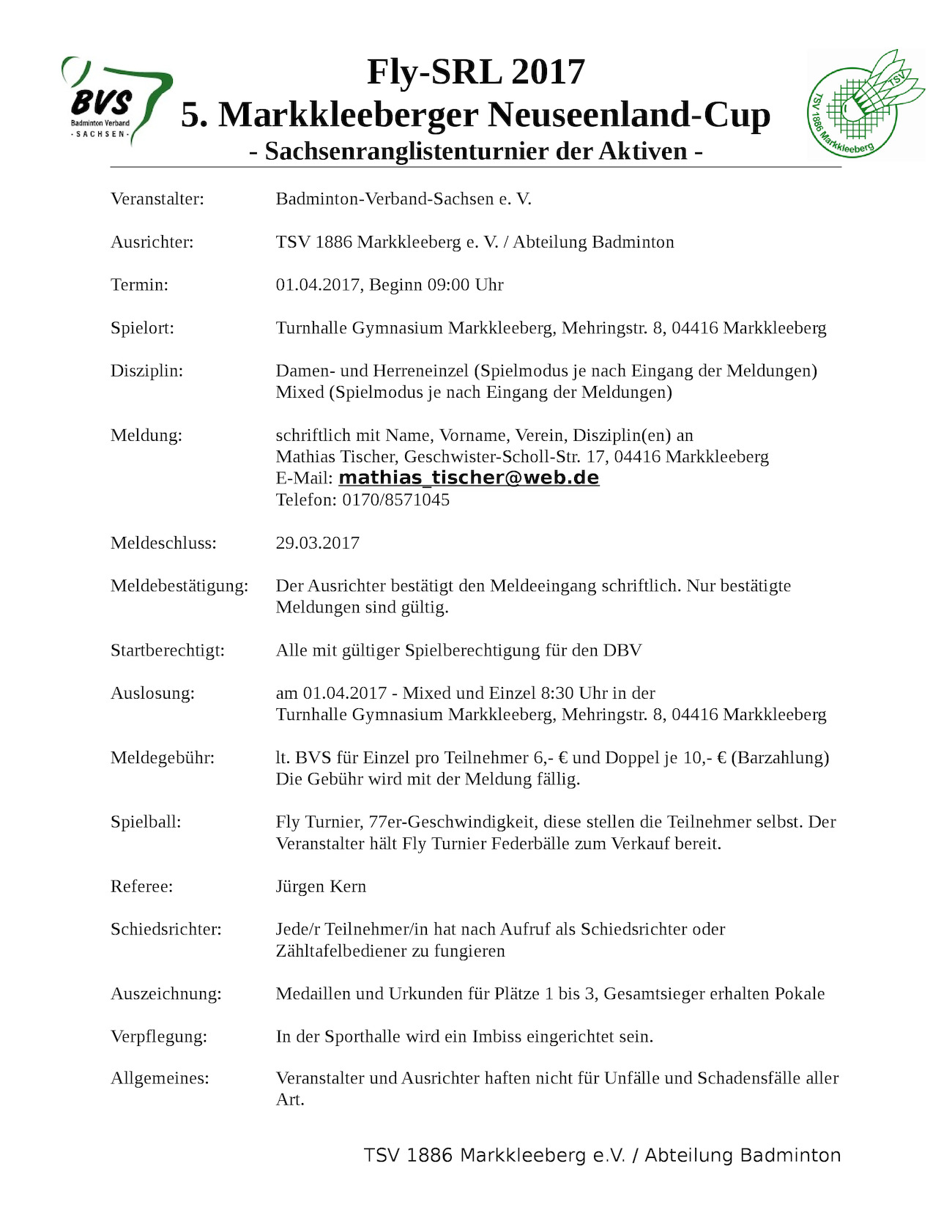 Ausschreibung 5. Markkleeberger Neuseenland Cup - Fly SRL 2017