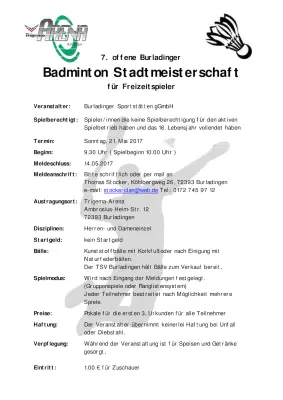 Ausschreibung 7. offene Burladinger Badminton Stadtmeisterschaft 2017