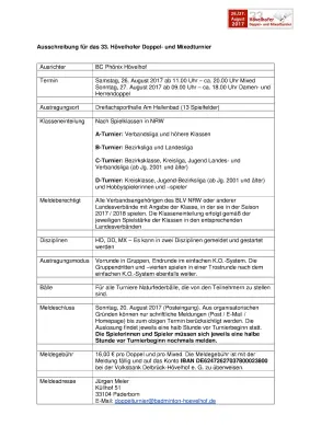 Ausschreibung 33. Hövelhofer Doppel- und Mixedturnier