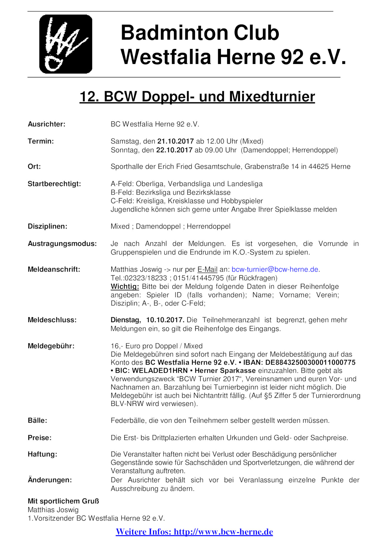 Ausschreibung 12. BCW Doppel- und Mixedturnier