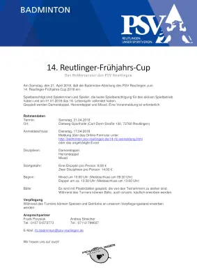Ausschreibung 14. Reutlinger-Frühjahrs-Cup 2018