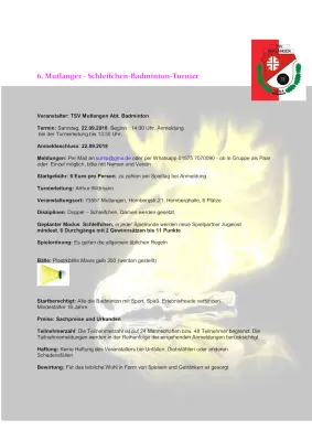 Ausschreibung 6. Mutlanger Schleifchen-Badminton-Turnier 2018