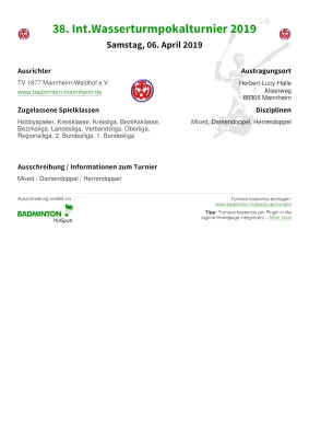 Ausschreibung 38. Int.Wasserturmpokalturnier 2019