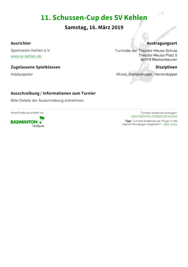 Ausschreibung 11. Schussen-Cup des SV Kehlen