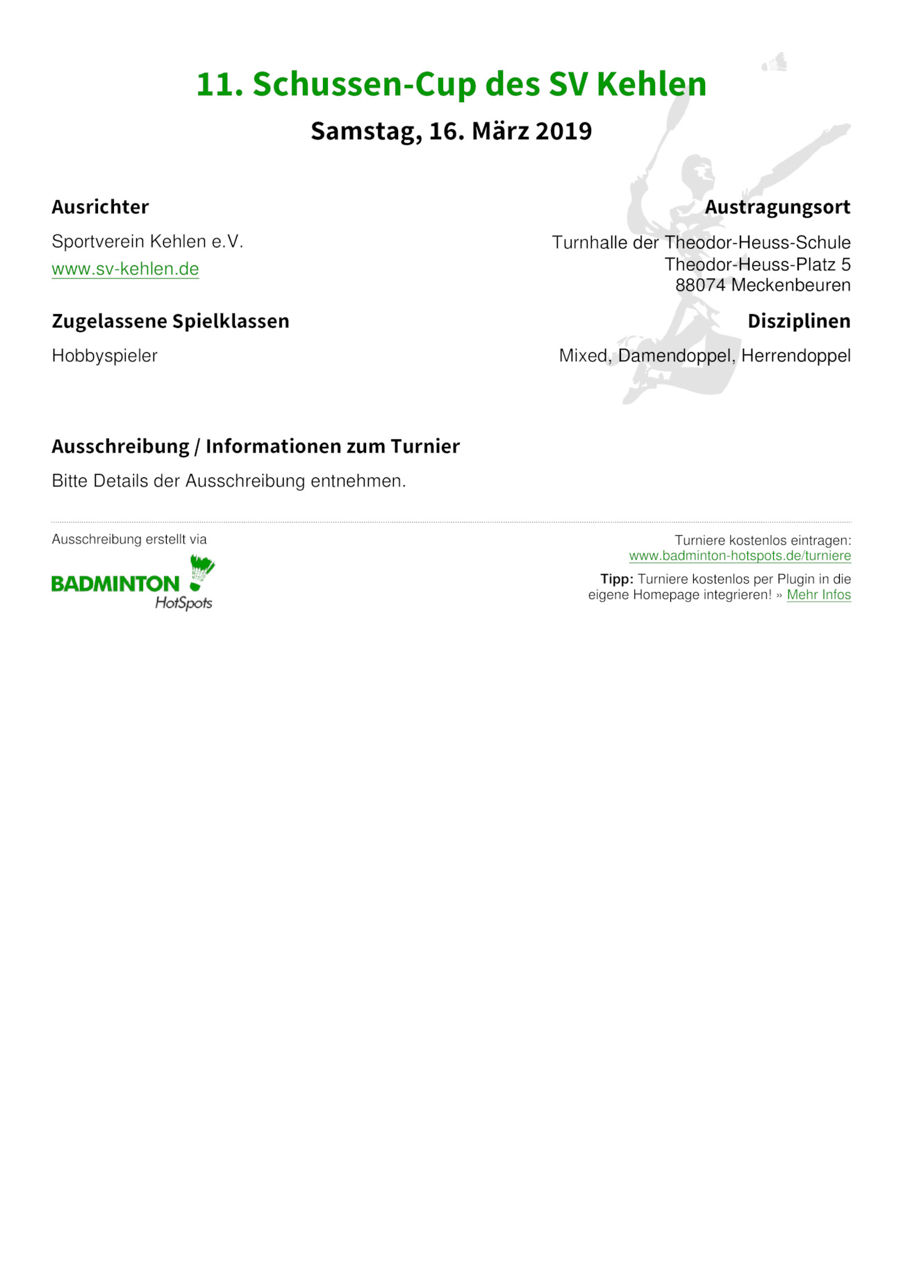 Ausschreibung 11. Schussen-Cup des SV Kehlen