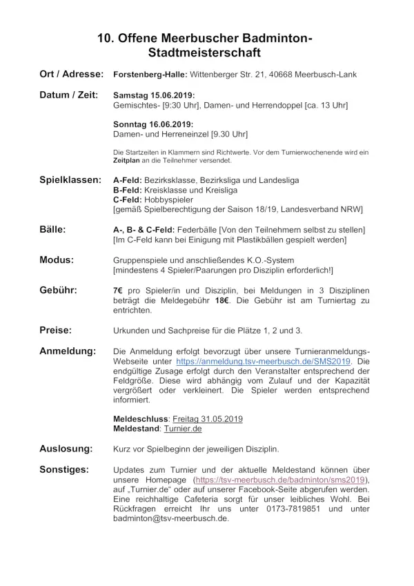 Ausschreibung 10. Offene Meerbuscher Badminton-Stadtmeisterschaft