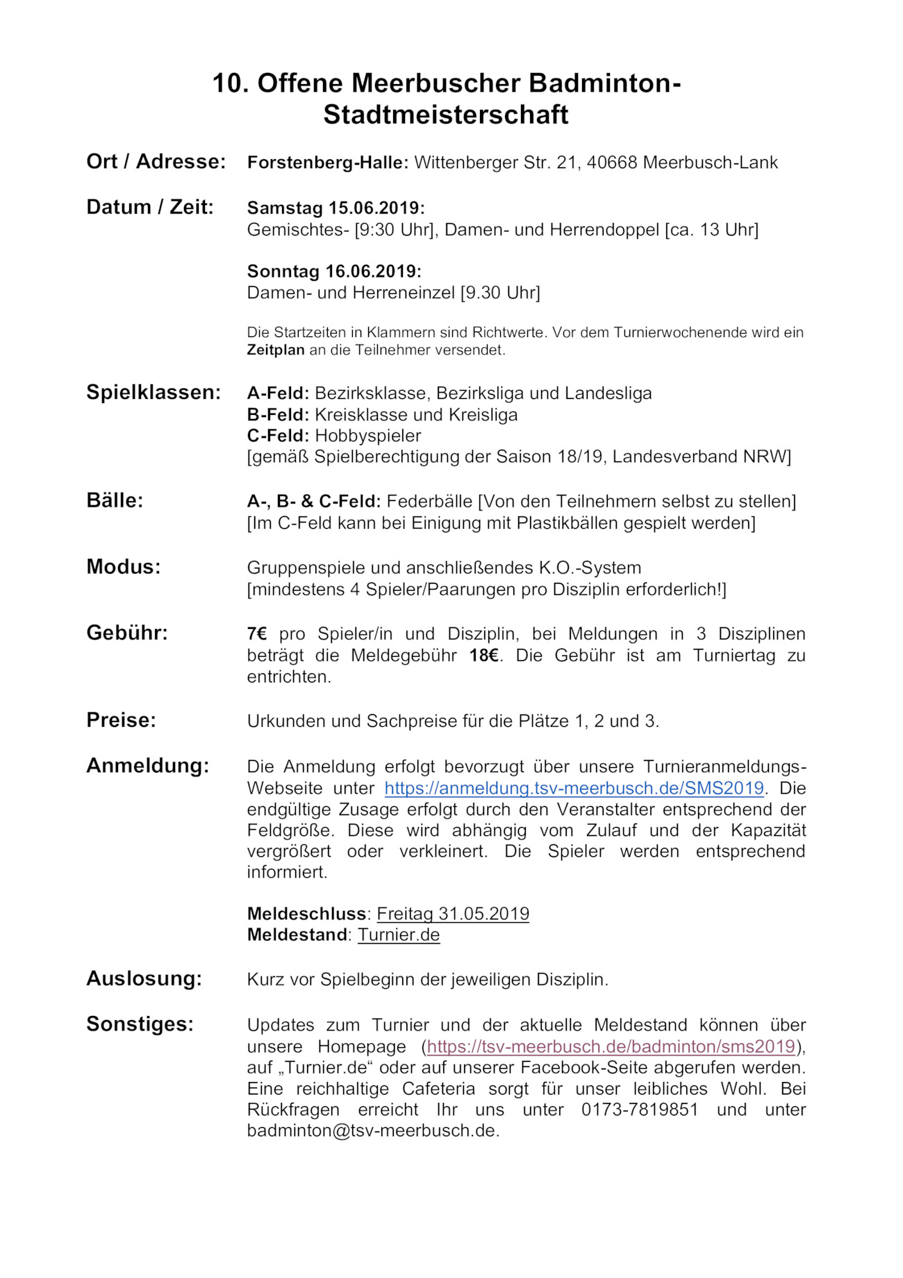 Ausschreibung 10. Offene Meerbuscher Badminton-Stadtmeisterschaft