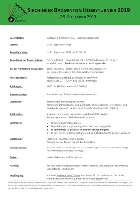 Ausschreibung Sirchinger Badminton Hobbyturnier 2019