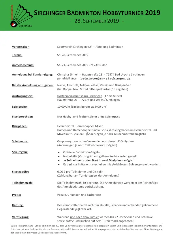 Ausschreibung Sirchinger Badminton Hobbyturnier 2019