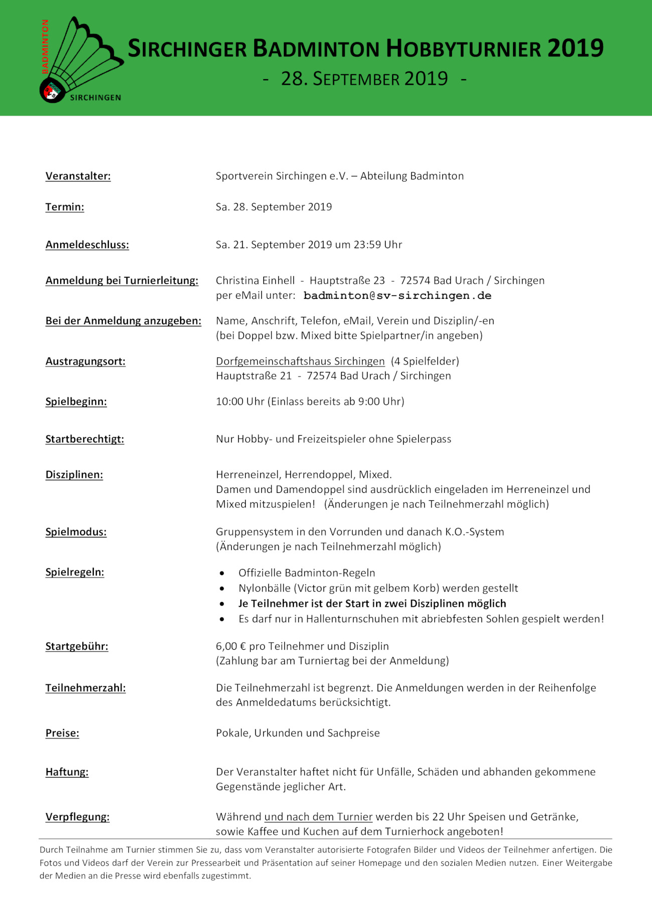 Ausschreibung Sirchinger Badminton Hobbyturnier 2019