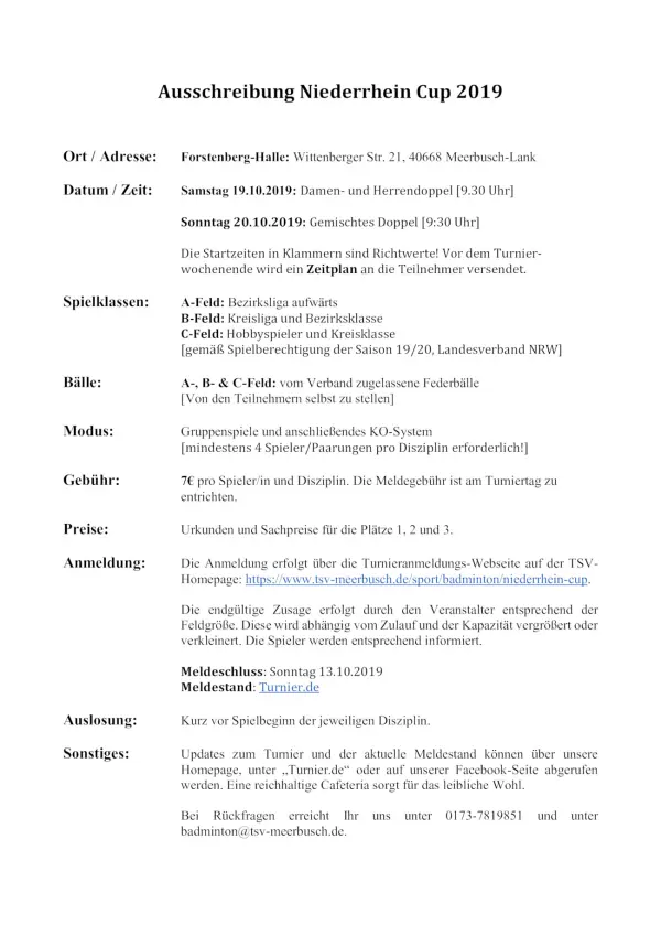 Ausschreibung Niederrhein Cup 2019