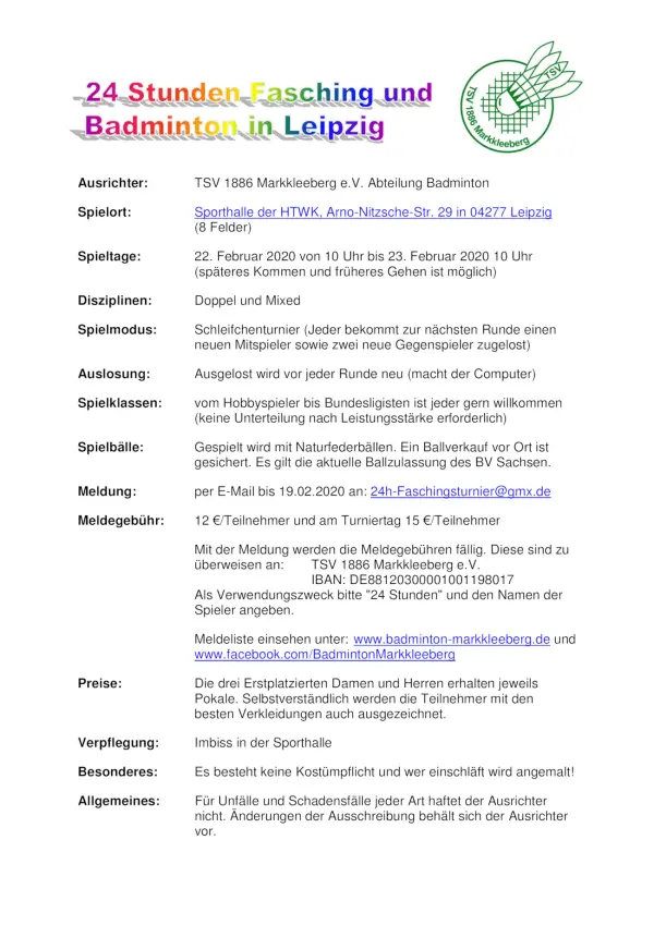 Ausschreibung 24 Stunden Badminton Faschingsturnier