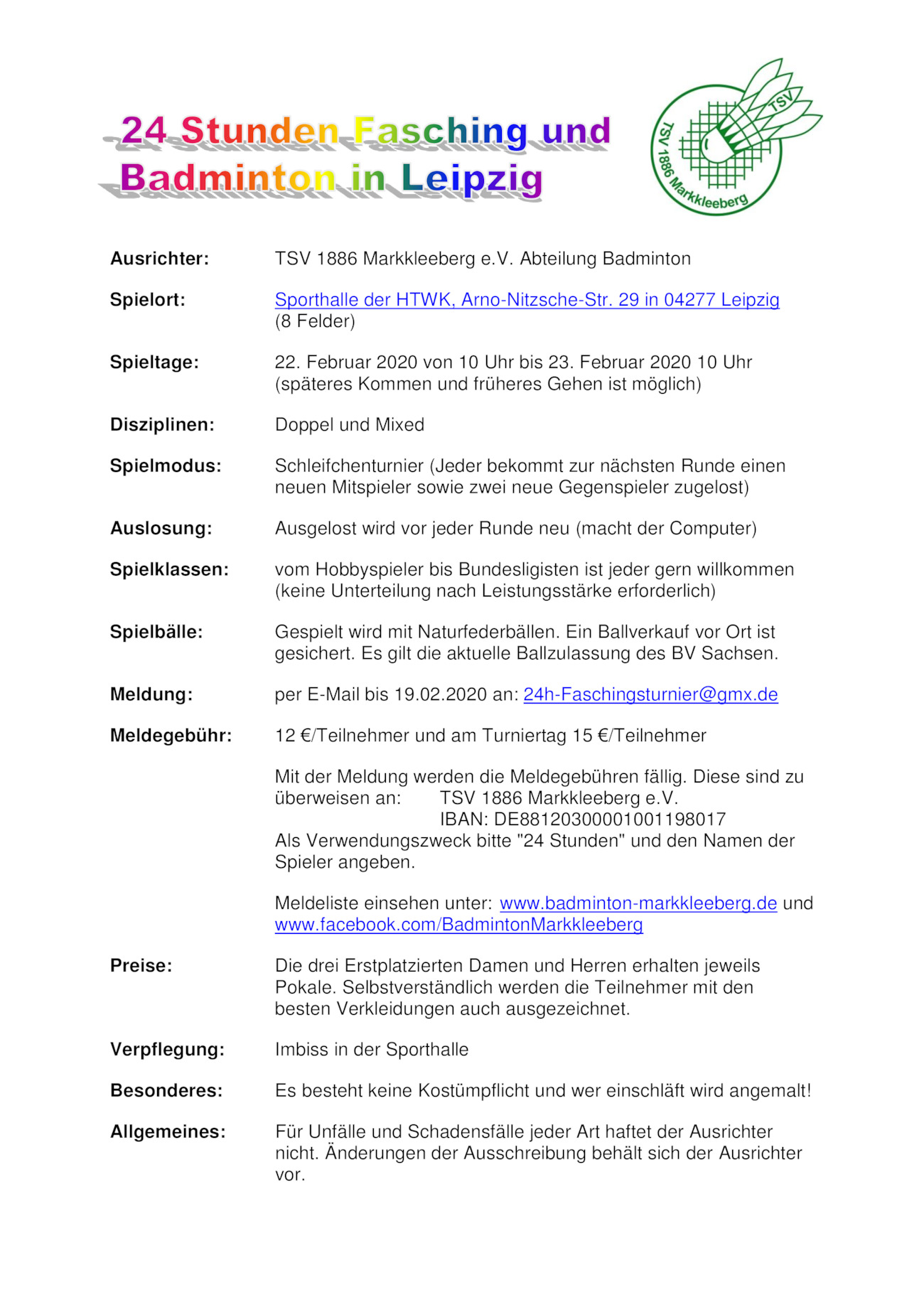 Ausschreibung 24 Stunden Badminton Faschingsturnier