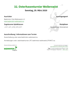 Ausschreibung 32. Osterhasenturnier Weilerswist