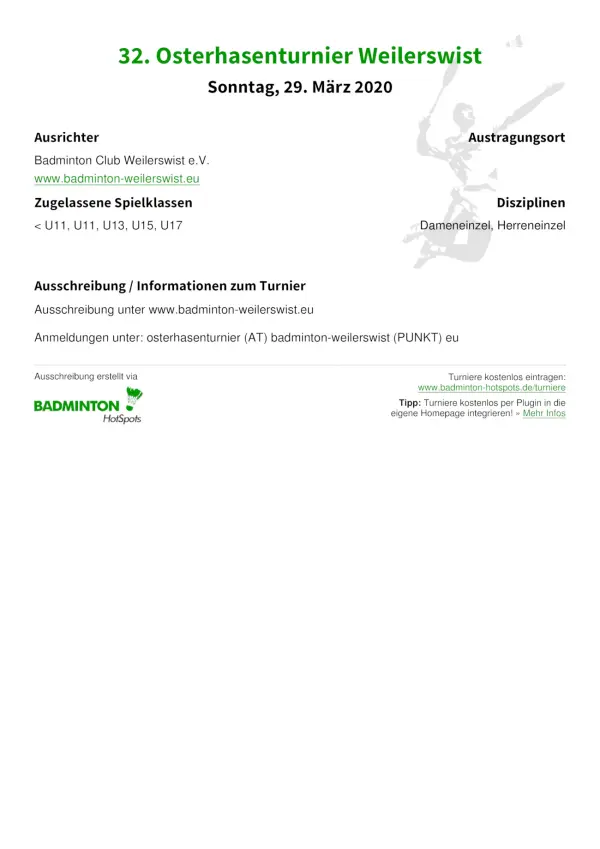 Ausschreibung 32. Osterhasenturnier Weilerswist