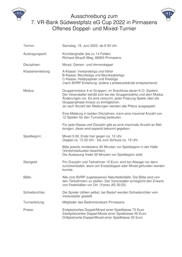 Ausschreibung 7. VR-Bank CUP Pirmasens