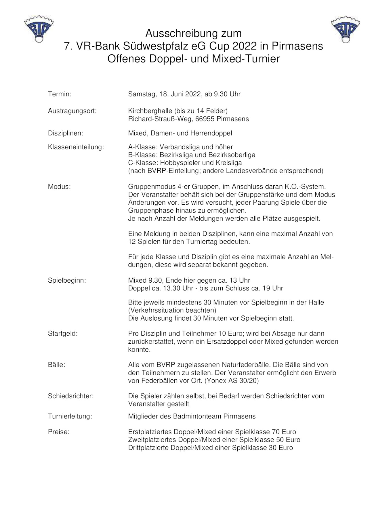 Ausschreibung 7. VR-Bank CUP Pirmasens