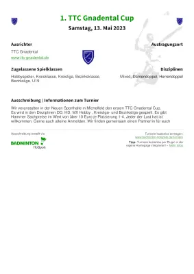 Ausschreibung 1. TTC Gnadental Cup