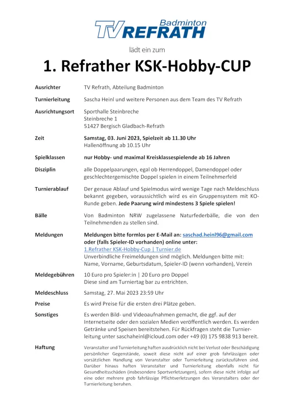 Ausschreibung 1. Refrather KSK-Hobby-Cup