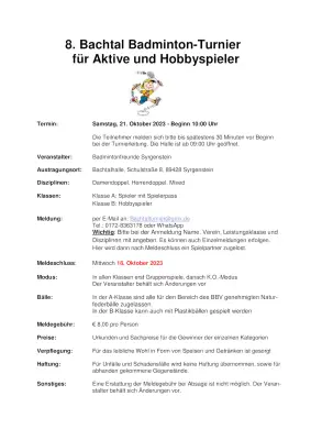 Ausschreibung 8. Bachtal Badminton-Turnier