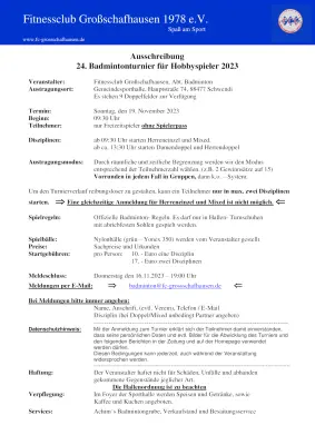 Ausschreibung 24. Badmintonturnier für Hobbyspieler FC Großschafhausen