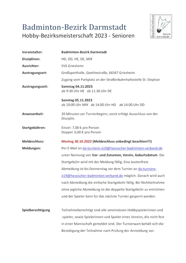 Ausschreibung Hobbymeisterschaft Darmstadt