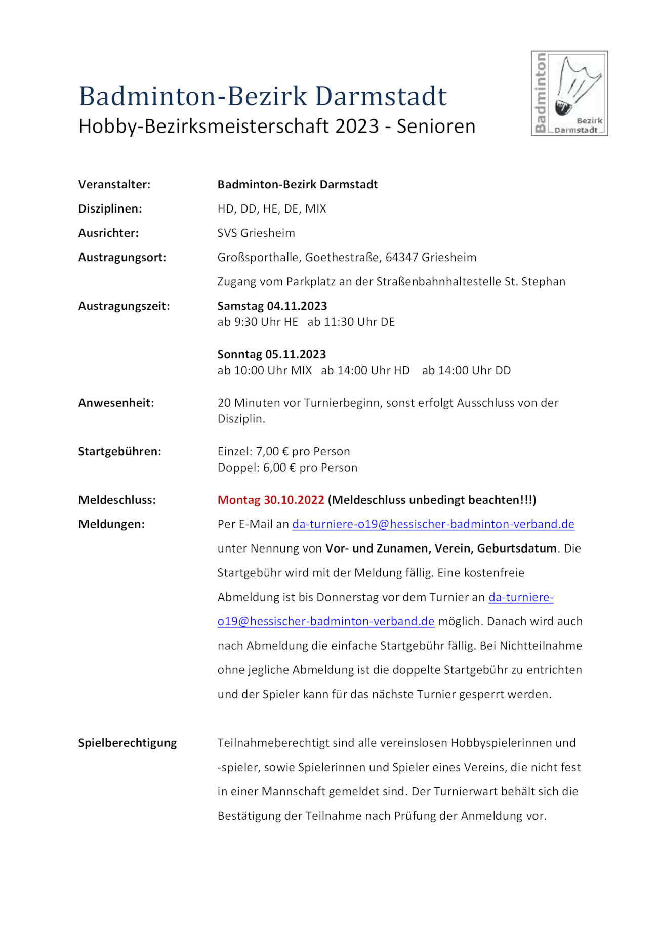 Ausschreibung Hobbymeisterschaft Darmstadt